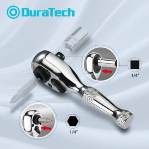 DURATECH 1/4-Inch Stubby Ratchet Wrench, Socket&Bit Driver, 72-Tooth, Chrome Alloy Made, Chrome Plated Finish